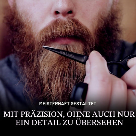 ONTAKI Professionelle Bartschere aus deutschem Stahl, 12,7 cm, Herren-Schnurrbartschere mit Bartkamm und Tragetasche, handgeschmiedete, abgeschrägte Kante, Präzisions-Gesichtsbehaarung – Schwarz