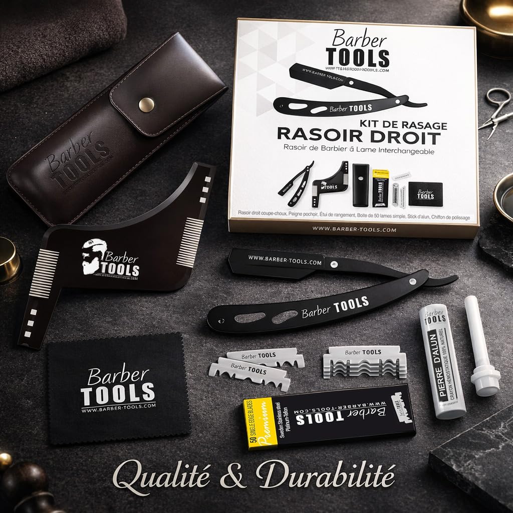Herren Rasier-Set - Männer Rasiermesser/Barbiermesser - mit 50 Einzelklingen + Tuch + Alaunstift + Aufbewahrungsetui + Kammführung für Rasur -SCHWARZ- BARBER TOOLS