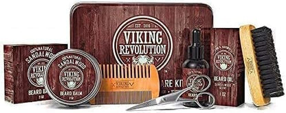 Viking Revolution Bartpflegeset für Männer - Ultimatives mit 100% Wildschweinborsten Bartbürste, Bartkamm aus Holz, Bart Balsam, Bartöl, Schnurrbart- & Bartschere - Geschenke Für Männer - Sandelholz