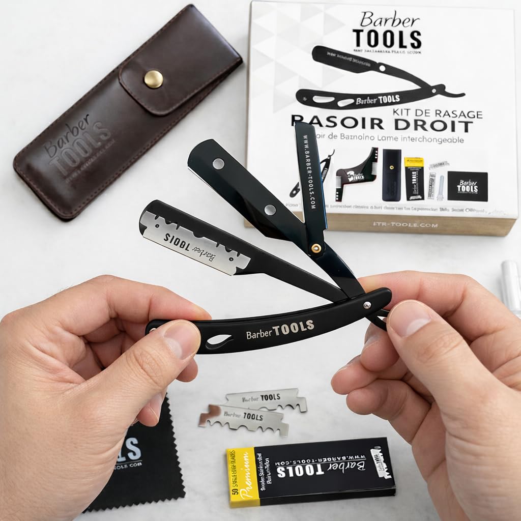 Herren Rasier-Set - Männer Rasiermesser/Barbiermesser - mit 50 Einzelklingen + Tuch + Alaunstift + Aufbewahrungsetui + Kammführung für Rasur -SCHWARZ- BARBER TOOLS
