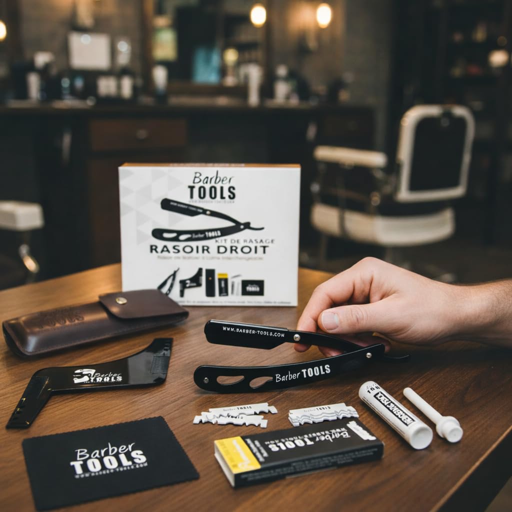 Herren Rasier-Set - Männer Rasiermesser/Barbiermesser - mit 50 Einzelklingen + Tuch + Alaunstift + Aufbewahrungsetui + Kammführung für Rasur -SCHWARZ- BARBER TOOLS