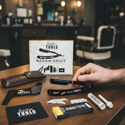 Herren Rasier-Set - Männer Rasiermesser/Barbiermesser - mit 50 Einzelklingen + Tuch + Alaunstift + Aufbewahrungsetui + Kammführung für Rasur -SCHWARZ- BARBER TOOLS