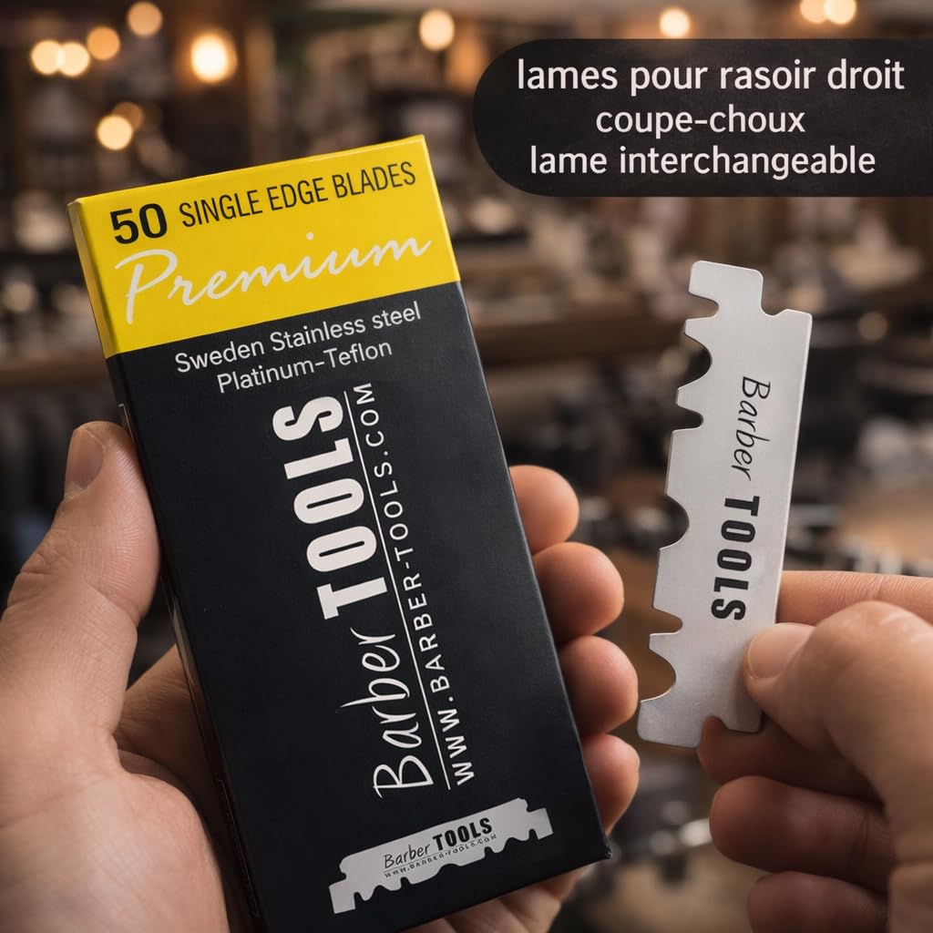 Herren Rasier-Set - Männer Rasiermesser/Barbiermesser - mit 50 Einzelklingen + Tuch + Alaunstift + Aufbewahrungsetui + Kammführung für Rasur -SCHWARZ- BARBER TOOLS