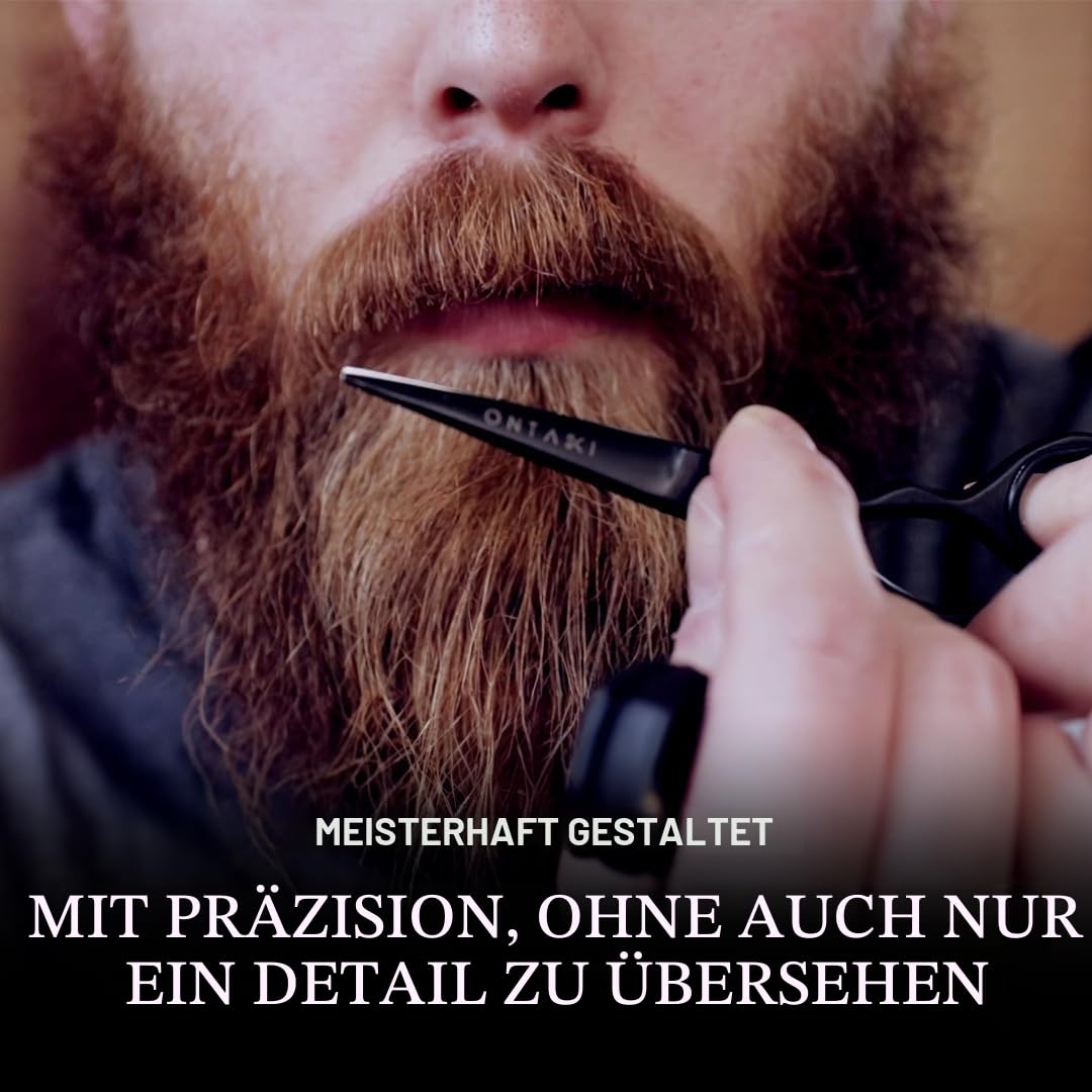 ONTAKI Professionelle Bartschere aus deutschem Stahl, 12,7 cm, Herren-Schnurrbartschere mit Bartkamm und Tragetasche, handgeschmiedete, abgeschrägte Kante, Präzisions-Gesichtsbehaarung – Schwarz