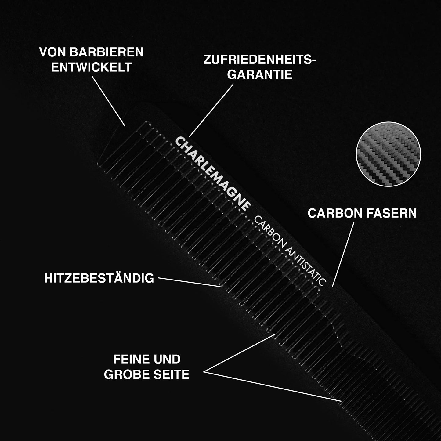 Charlemagne Carbon-Haarkamm - Feinzahn, 18 cm - Antistatisches Finish - Herrenkamm - Bruchsicherer Friseurkamm für Herren - Kompakte Größe - Bartkamm