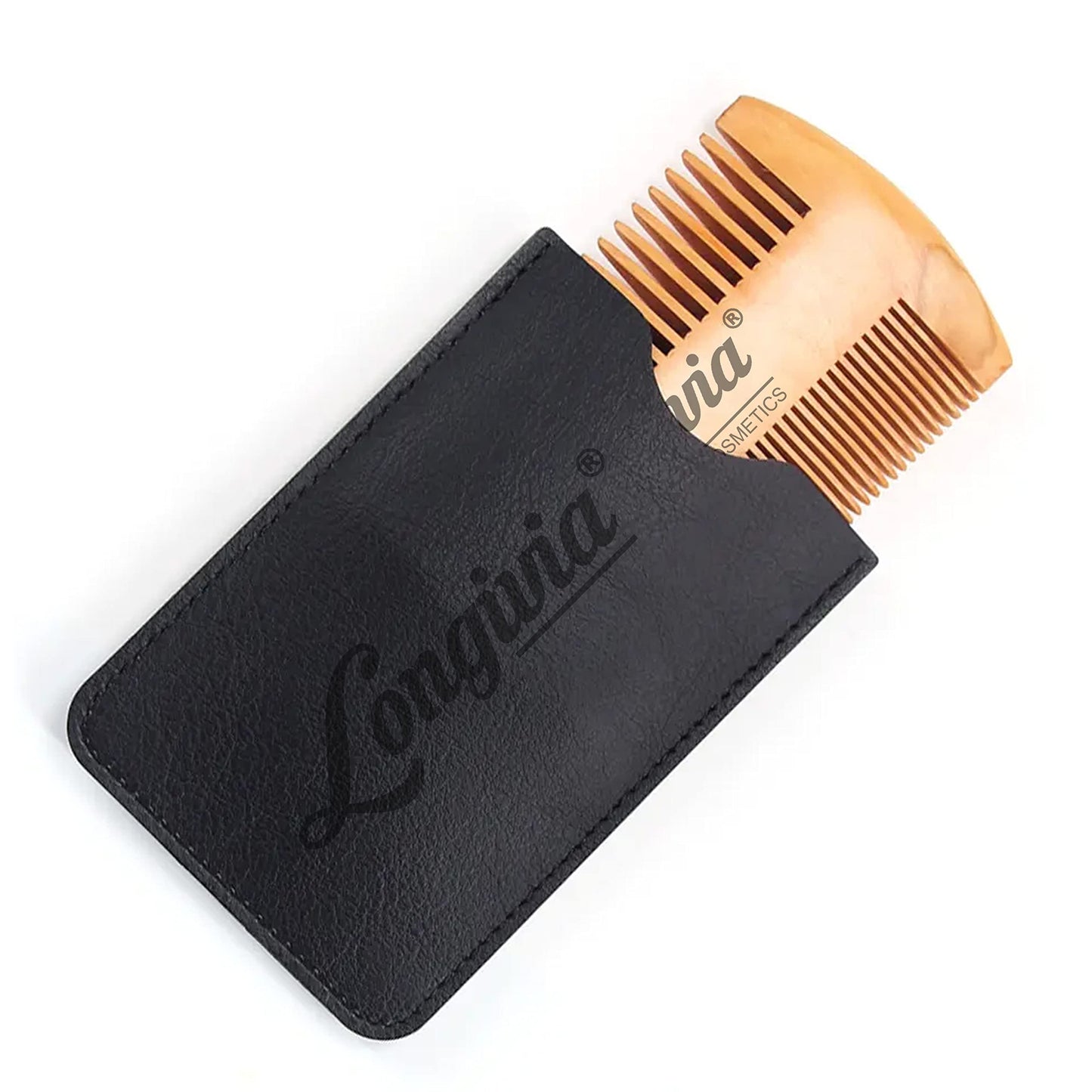 Longivia® Bartkamm Holz Ökologisch 100% Birnbaumholz Beard Comb Wood Bartpflege für Männer Holzkamm Grobe und Feine Zinken Set – Hochwertig Bart Kamm