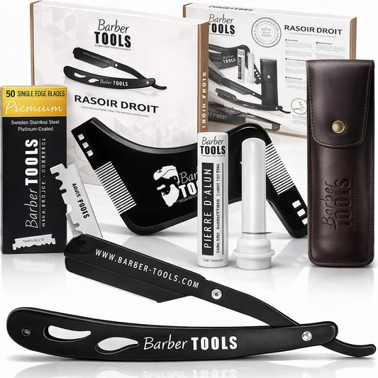 Herren Rasier-Set - Männer Rasiermesser/Barbiermesser - mit 50 Einzelklingen + Tuch + Alaunstift + Aufbewahrungsetui + Kammführung für Rasur -SCHWARZ- BARBER TOOLS