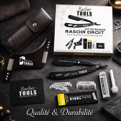 Herren Rasier-Set - Männer Rasiermesser/Barbiermesser - mit 50 Einzelklingen + Tuch + Alaunstift + Aufbewahrungsetui + Kammführung für Rasur -SCHWARZ- BARBER TOOLS