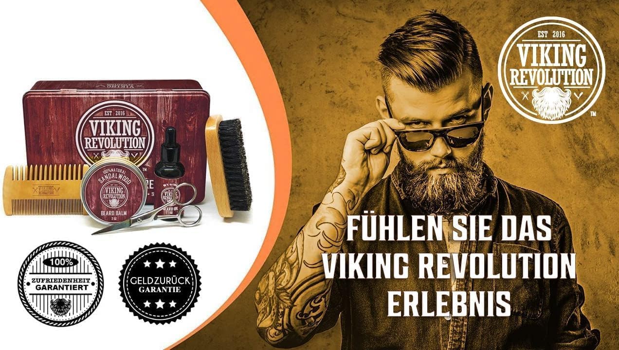 Viking Revolution Bartpflegeset für Männer - Ultimatives mit 100% Wildschweinborsten Bartbürste, Bartkamm aus Holz, Bart Balsam, Bartöl, Schnurrbart- & Bartschere - Geschenke Für Männer - Sandelholz