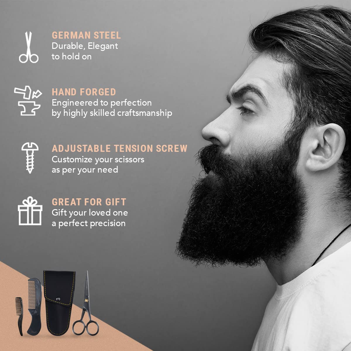 ONTAKI Professionelle Bartschere aus deutschem Stahl, 12,7 cm, Herren-Schnurrbartschere mit Bartkamm und Tragetasche, handgeschmiedete, abgeschrägte Kante, Präzisions-Gesichtsbehaarung – Schwarz