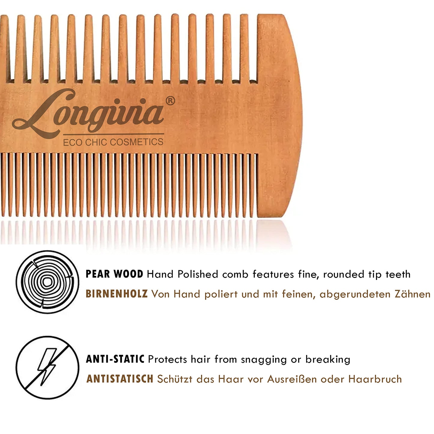 Longivia® Bartkamm Holz Ökologisch 100% Birnbaumholz Beard Comb Wood Bartpflege für Männer Holzkamm Grobe und Feine Zinken Set – Hochwertig Bart Kamm