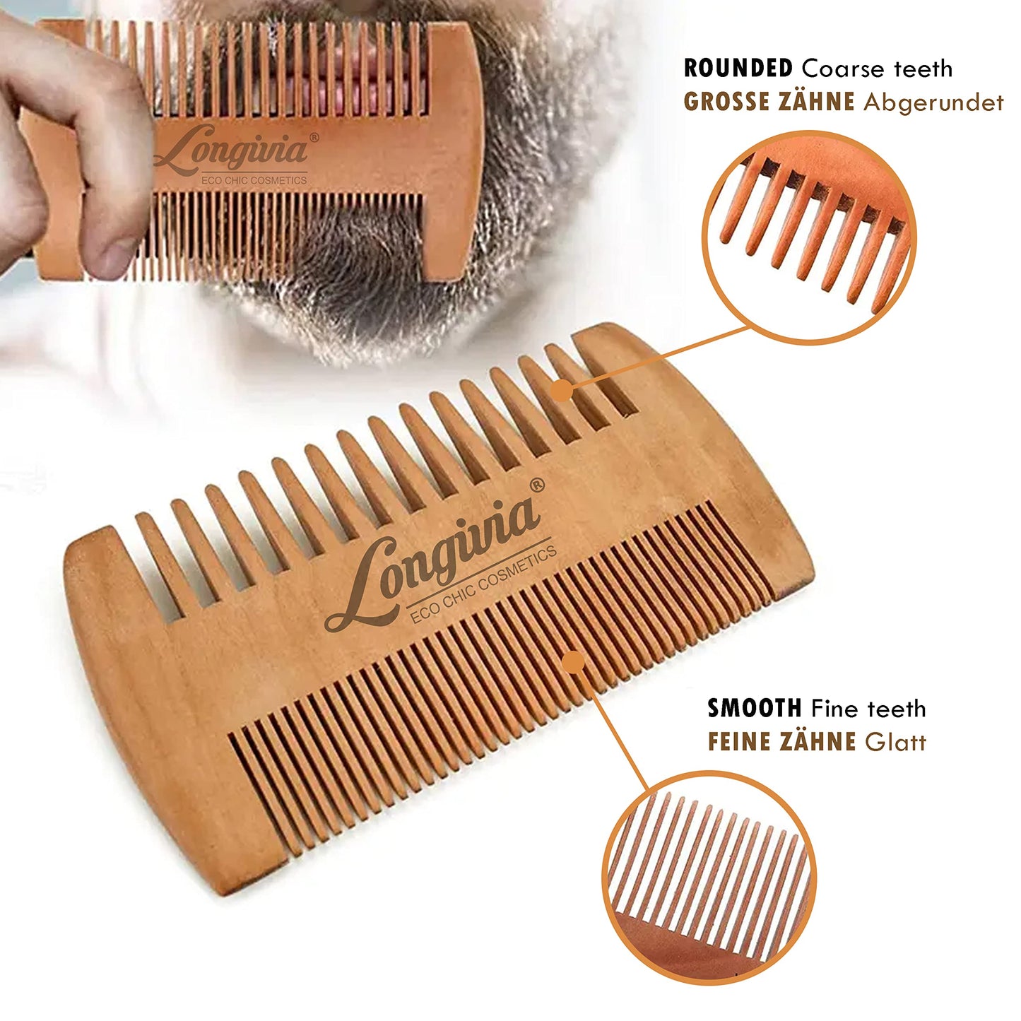 Longivia® Bartkamm Holz Ökologisch 100% Birnbaumholz Beard Comb Wood Bartpflege für Männer Holzkamm Grobe und Feine Zinken Set – Hochwertig Bart Kamm
