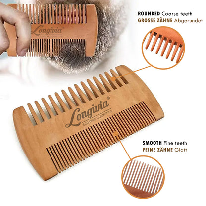 Longivia® Bartkamm Holz Ökologisch 100% Birnbaumholz Beard Comb Wood Bartpflege für Männer Holzkamm Grobe und Feine Zinken Set – Hochwertig Bart Kamm