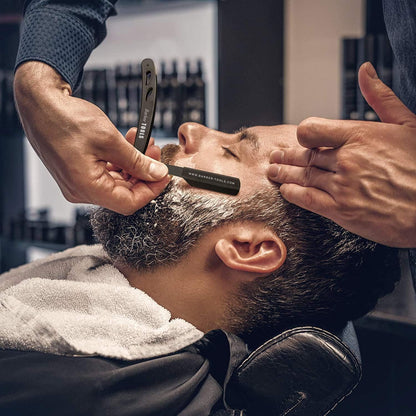 Herren Rasier-Set - Männer Rasiermesser/Barbiermesser - mit 50 Einzelklingen + Tuch + Alaunstift + Aufbewahrungsetui + Kammführung für Rasur -SCHWARZ- BARBER TOOLS