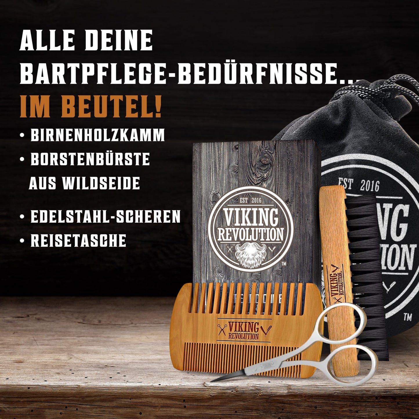 Viking Revolution - Bartkamm & Bartbürste Set Für Männer - Natürliche Bart bürste Wildschweinborsten & Dual-action-birnenholzkamm Mit Samt-reiseetui - Geschenke Für Männer
