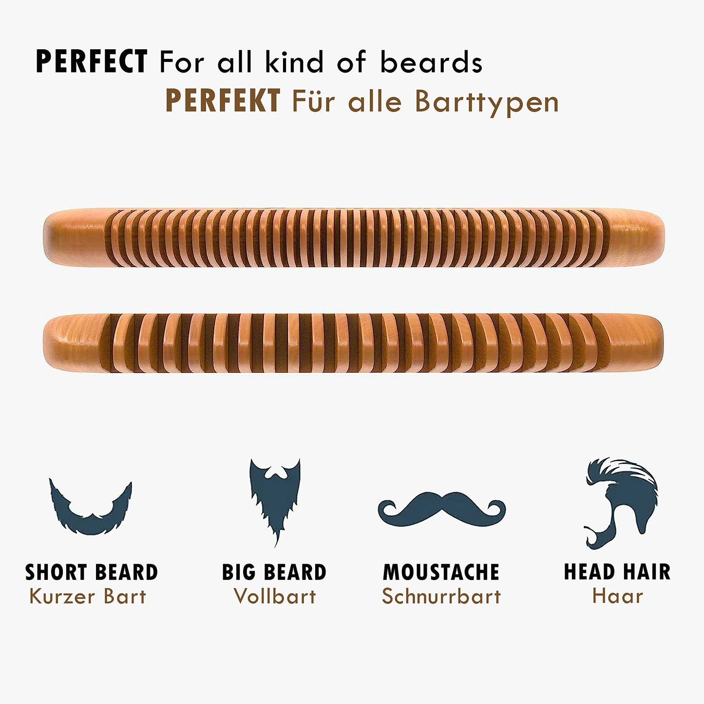 Longivia® Bartkamm Holz Ökologisch 100% Birnbaumholz Beard Comb Wood Bartpflege für Männer Holzkamm Grobe und Feine Zinken Set – Hochwertig Bart Kamm