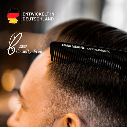 Charlemagne Carbon-Haarkamm - Feinzahn, 18 cm - Antistatisches Finish - Herrenkamm - Bruchsicherer Friseurkamm für Herren - Kompakte Größe - Bartkamm