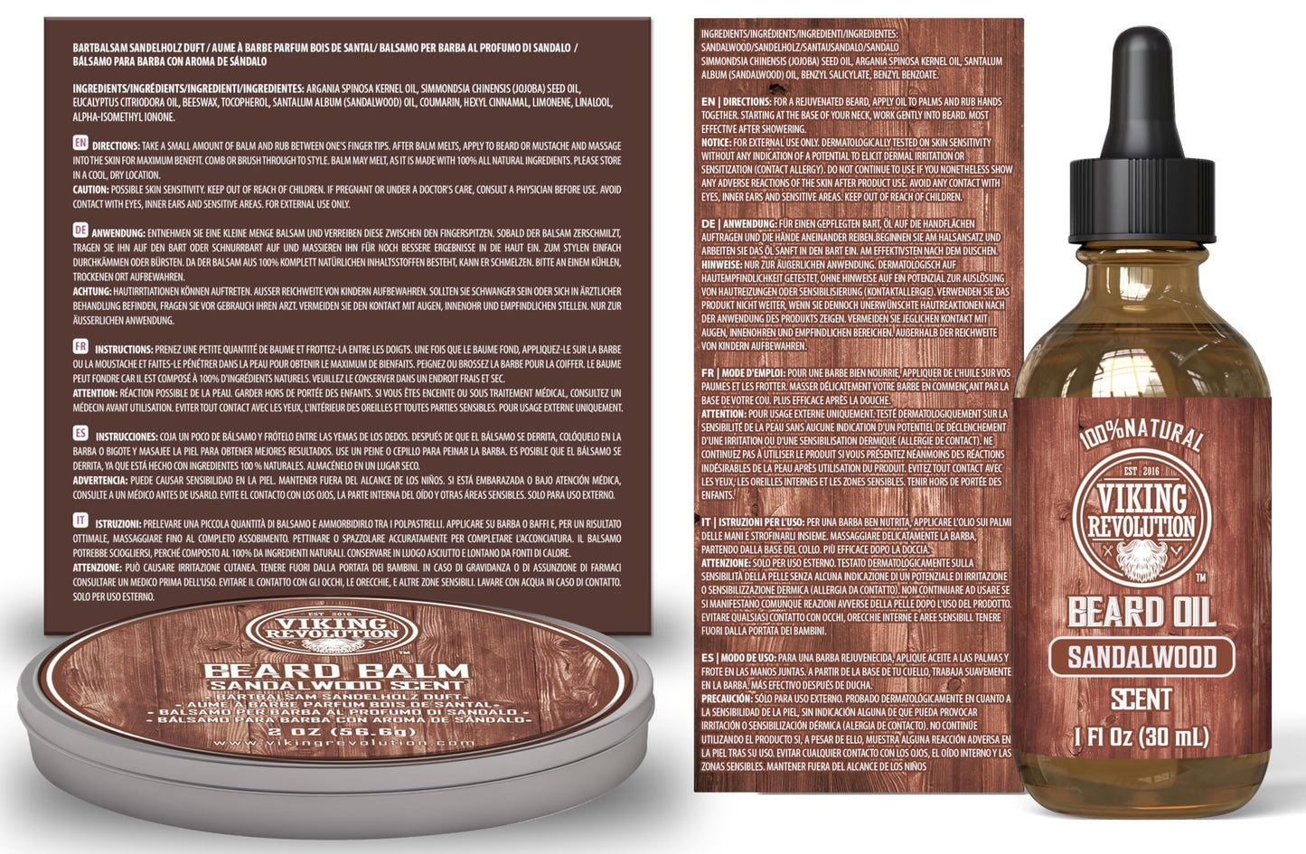 Viking Revolution Bartpflegeset für Männer - Ultimatives mit 100% Wildschweinborsten Bartbürste, Bartkamm aus Holz, Bart Balsam, Bartöl, Schnurrbart- & Bartschere - Geschenke Für Männer - Sandelholz